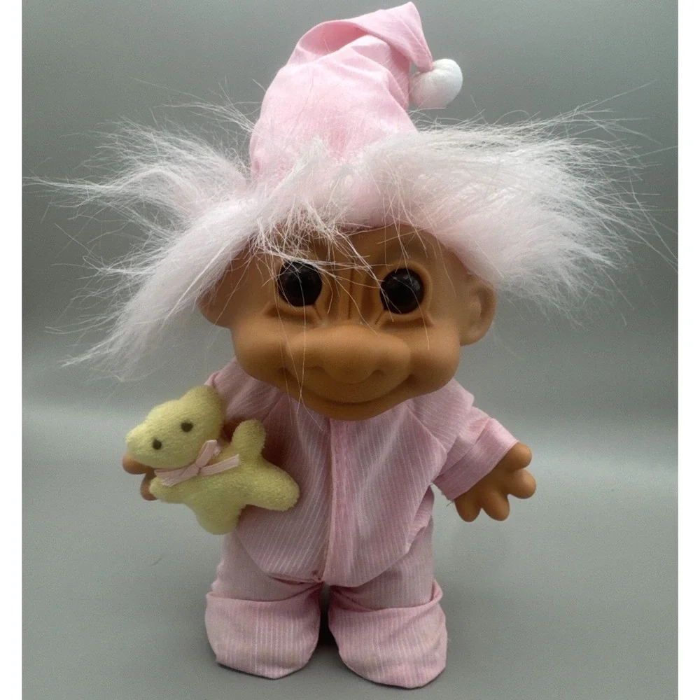 8 in  Russ Troll Baby Doll Pink Pajamas Night Cap And Teddy Bear Preowned #18349
